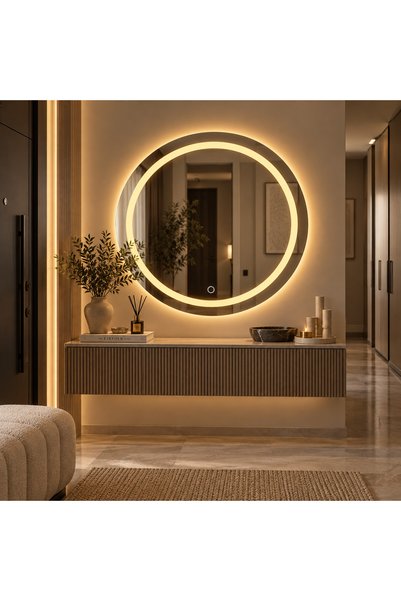 Yuvarlak Dokunmatik Kumlu LED Banyo Aynası, Dimmerli Işık Ayarlı, Arkadan Aydınlatmalı Modern Dekoratif Duvar Aynası