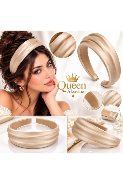 QUEEN AKSESUAR Luxury Satin Wave Beige Coffee Gold Matte Satin Wavy Crown Wid...