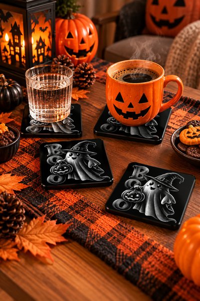 PakerStudio Halloween (Boo Ghost and Pumpkin Patterned) Themed Acrylic Laser-Engraved Coaster (Felt Base)