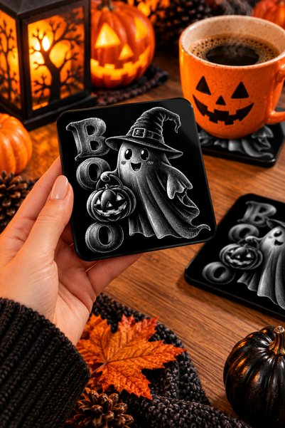 PakerStudio Halloween (Boo Ghost and Pumpkin Patterned) Themed Acrylic Laser-Engraved Coaster (Felt Base)