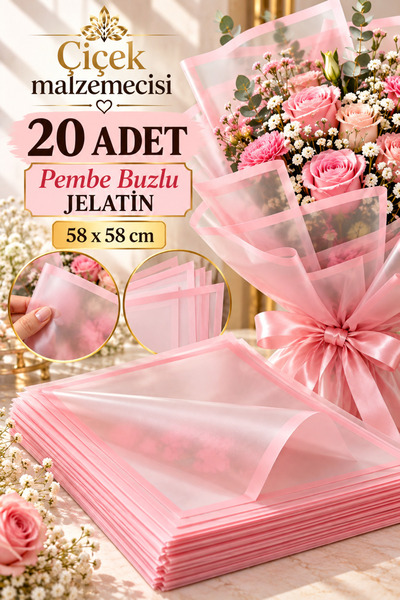 KLC Çiçek Malzemecisii 20 Adet Pembe Buzlu Şeffaf Çiçek Jelatini 58×58 cm – B...