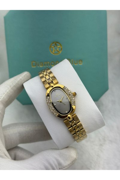 Elgante Diamond Blue Women's Watch Gold Oval Bezel Crystal-Encrusted