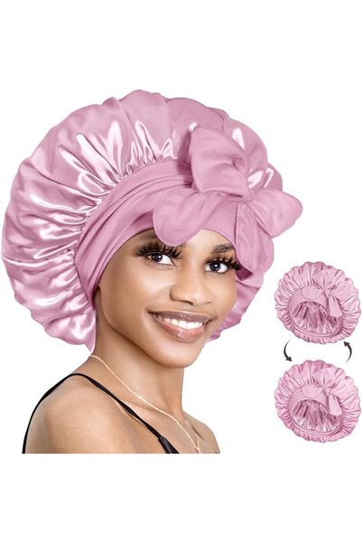 BONNET QUEEN قبعة نوم حريرية للنساء، قبعة شعر حريرية مزدوجة الطبقات مع شريط ق...
