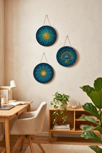 Nod Peacock 3-Piece Round Painting Set with String Mdf Wood Wall Decoration L...