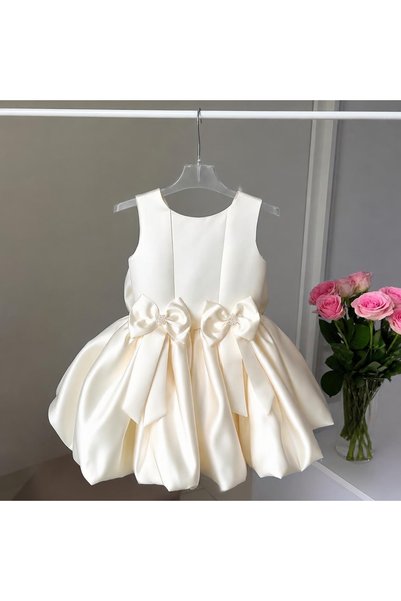 ATELIER LAURA Balon Etek Fiyonklu Kız Çocuk Abiye Parti Okul Elbise-Kırık Beyaz