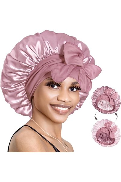 BONNET QUEEN قبعة نوم حريرية للنساء، قبعة شعر حريرية مزدوجة الطبقات مع شريط ق...