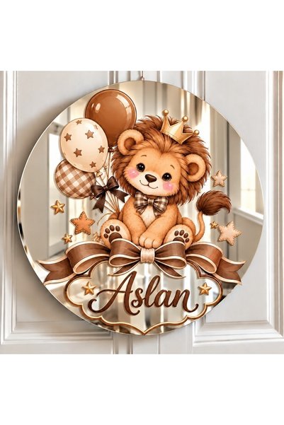 Yavuz Süs Aslan baskılı Gümüş Pleksi Bebek Kapı Süsü – 30 cm İsimli UV Baskılı Model