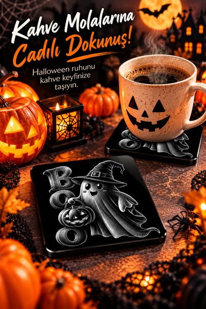 PakerStudio Halloween (Boo Ghost and Pumpkin Patterned) Themed Acrylic Laser-Engraved Coaster (Felt Base)
