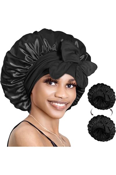 BONNET QUEEN قبعة نوم حريرية للنساء، قبعة شعر حريرية مزدوجة الطبقات مع شريط ق...