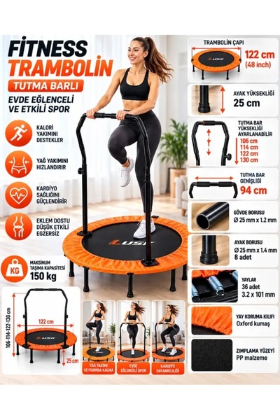 VAYNE 122 cm Tutma Barlı Fitness Trambolin 48 İnç 150 kg Taşıma Kapasiteli Ayarlanabilir Tutacaklı Yetişkin Spor ve Egzersiz Trambolini