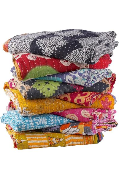 Kratidecor لحاف كانثا عتيق مصنوع يدويًا من الساري القديم، غطاء سرير بوهيمي، ب...