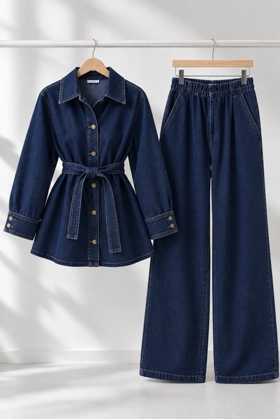 The Hench Kolu Düğme Detaylı Bağlamalı Denim Takım - Günlük Kot Takım