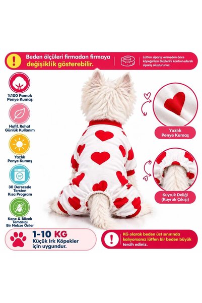 DOGİ&DOG Küçük Irk Kırmızı Kalp Detaylı Köpek Tulumu Köpek Kıyafeti (1-10KG)