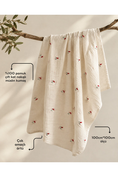 Muukh store Çiçek Nakış İşlemeli Çift Kat Müslin Bebek Örtüsü 100×100 cm | 40...