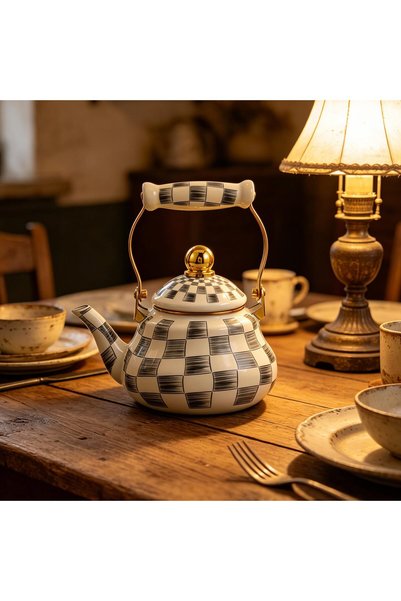 Generic Brand Vintage Ceramic Tea Kettle with Black Checkered Pattern, Gold H...