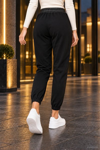 Veronika Mağazacılık Deri Dokunuş, Sportif Stil - Kadın Yüksek Bel Lastikli Cepli Deri Detaylı Dalgıç Pantolon