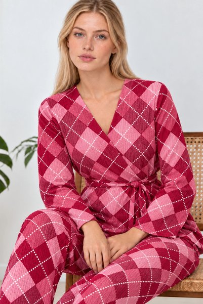 bysocafashion طقم بيجامة نسائي وردي منقوش مع حزام