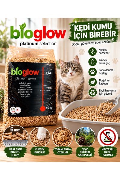 BioGlow Platinum Selection Çam Peleti 15 Kg 6 mm Kedi Kumu ve Yüksek Kalorili Odun Peleti – Birol Kömür Ofisi