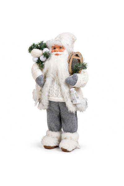 SBR Decorative figurine white Santa Claus with lantern, 45 cm, white and gray