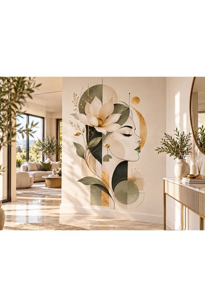 Eseran Print Kadın Yüzü ve Manolya Çiçeği Desenli Duvar Stickerı – Bohem, Geo...