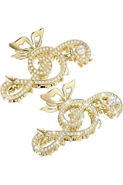 GENERAL Tazweeq Gold Music Note Hair Claw, 2pc Pearl Rhinestone Jaw for Concerts