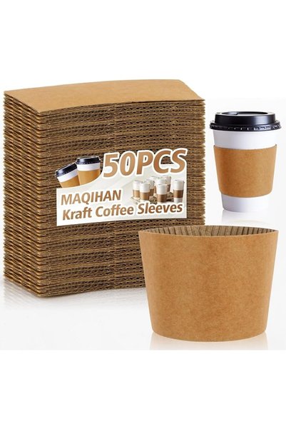 MAQIHAN 50PCS Brown Kraft Paper Coffee Cup Sleeves - Fits 10-20oz, Protects H...