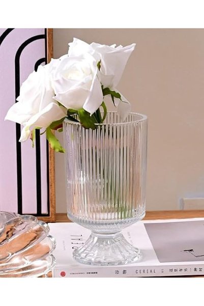Generic مزهرية زجاجية مزخرفة منقوشة، كريستال 7 بوصة للزهور، قاعدة كبيرة، مزهر...