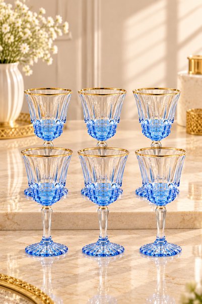 zaTen Pazar 6'lı Mavi Kahve Yanı Bardağı 70 ml Ayaklı Altın Yaldızlı Mini
