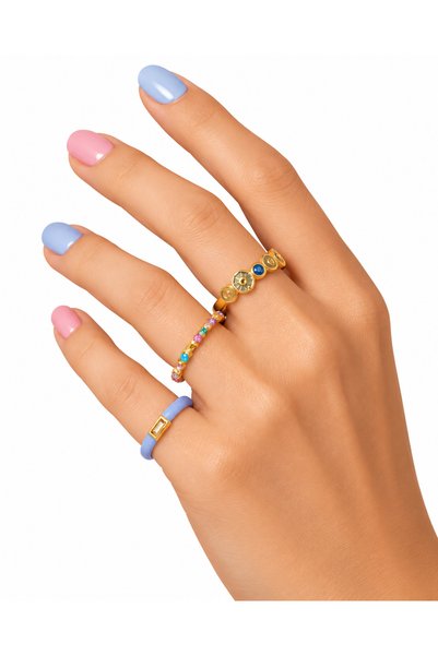 Nevara طقم خواتم نسائية مفتوحة ومطليّة بالذهب بتفاصيل ملونة - 3 قطع (قطر 1.7 ...