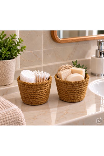 ÖRGÜM 2-Piece Mini Wicker Look Basket 8X6 cm – Multi-Purpose Bathroom Organiz...