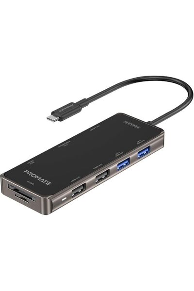 Promate موزع USB-C، محول USB Type-C 9 في 1 مع إيثرنت RJ45 بسرعة 1000 ميجابت ف...