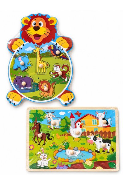 Mara Box Set 2 puzzle-uri din lemn cu animale, fermă și junglă