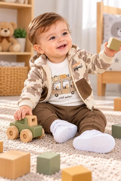 SERPİL Baby Boy Safari Patterned Zippered Cardigan-Jacket T-Shirt Pants 3-Pie...