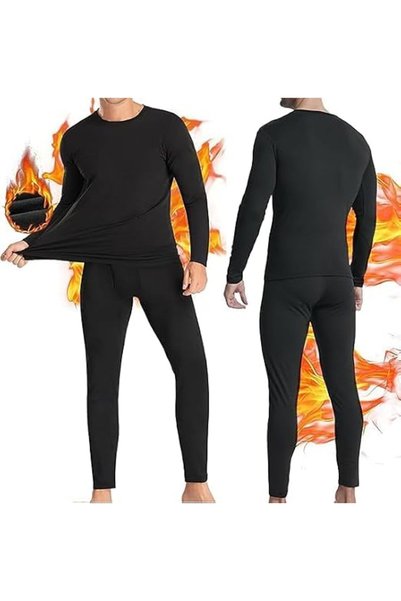 GENERAL Men's Thermal Underwear, Black Long Sleeve Base Layer, Fleece Lined W...