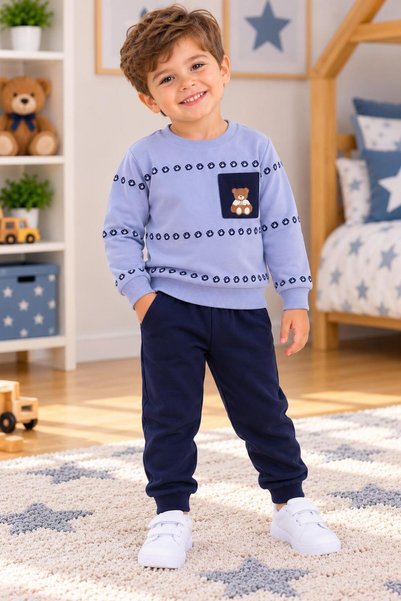 SERPİL Boy's Teddy Bear Pocket Detailed Lilac Sweatshirt Navy Blue Sweatpants...
