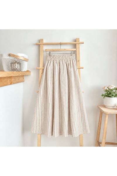 Hepsi Moda Striped Skirt with Pockets - Hpm - White & Mink (Ös)