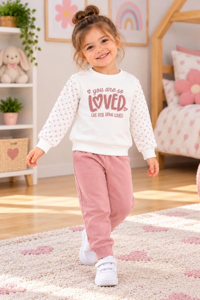 SERPİL Girl's Ecru Pink Heart Patterned Sweatshirt and Jogger Sweatpants 2-Pi...