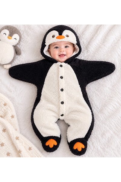 Baby Violette Penguen sıcak tutan tulum kapüşonlu el ve kollar kapalı %100 pa...