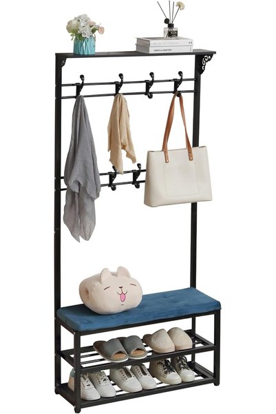 Lawazim 3 Layer Shoes Rack and Coat Hanger with Cushion - Black/Blue - Shoe R...