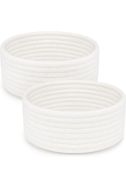 Tazweeq Set of 2 Small Cotton Rope Woven Baskets, Decorative Mini Storage Bas...