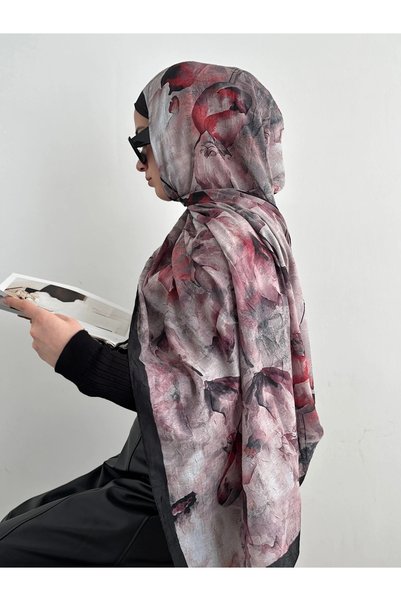 Hepsi Moda Tulip Pattern Digital Bamboo Knit Shawl - Black & Red