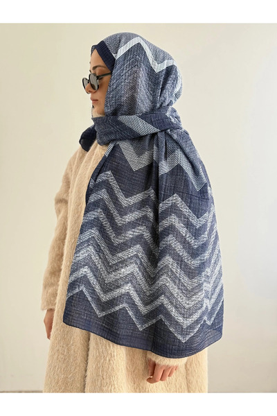 Hepsi Moda Zigzag Pattern Muslin Shawl - Indigo