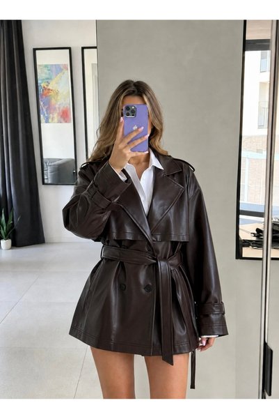 Ekim Store Καφέ δερμάτινη καμπαρντίνα με ζώνη και κουμπιά