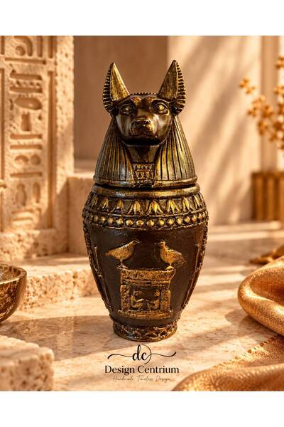 Anubis Antik Mısır Temalı Dekoratif Vazo – El Yapımı Bronz Altın Görünümlü Biblo