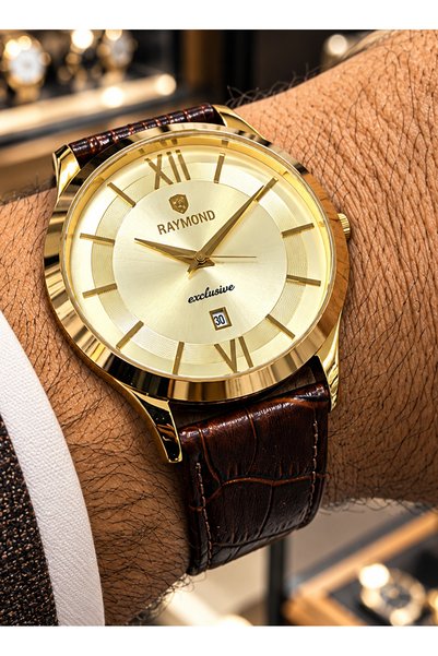 Raymond Craymond Exclusive Men's Wristwatch Gold Case Gold Dial Brown Leather...