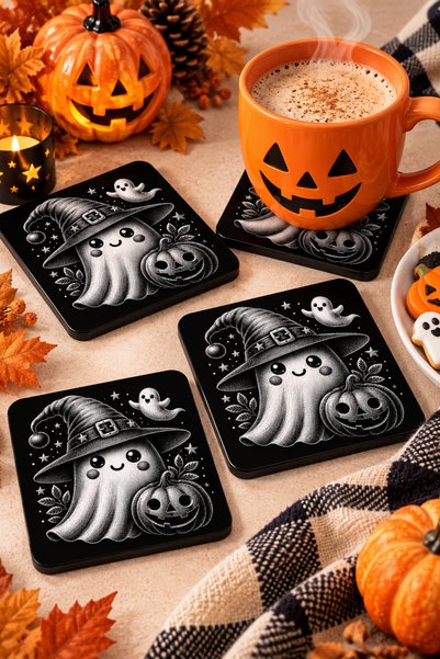 PakerStudio Halloween (Ghost with Witch Hat and Pumpkin Pattern) Themed Acrylic Laser-Engraved Coaster (Felt Base)