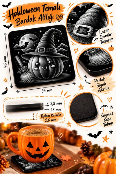 PakerStudio Halloween (Boo Ghost and Pumpkin Patterned) Themed Acrylic Laser-Engraved Coaster (Felt Base)