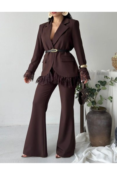 Ekim Store Brown Belted Blazer Suit with Lace Sleeves
