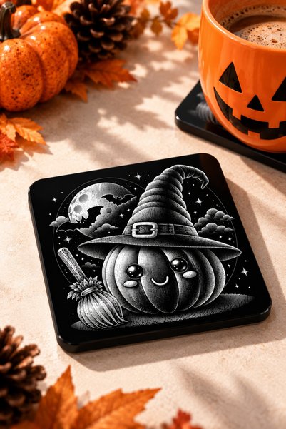 PakerStudio Halloween (Boo Ghost and Pumpkin Patterned) Themed Acrylic Laser-Engraved Coaster (Felt Base)