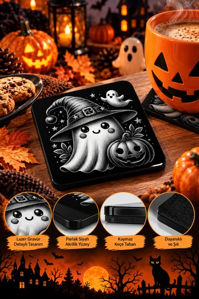 PakerStudio Halloween (Ghost with Witch Hat and Pumpkin Pattern) Themed Acrylic Laser-Engraved Coaster (Felt Base)